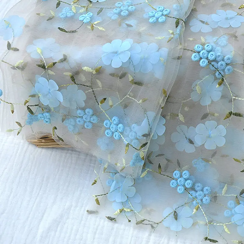 light blue NEW 1yard Elegance 3D Flower Embroidered Tulle Lace Fabric Applique Fabrics French Chiffon Lace DIY dress skirt Clothing Fabric - Цвет: light blue