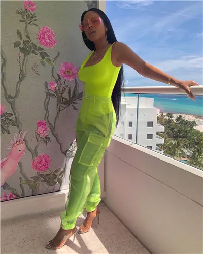 green two piece set Adogirl женский сексуальный комплект из двух предметов без рукавов боди Топ на бретелях+ Poackets прозрачный костюм с сеткой брюки для женщин для пляжа наряды - Цвет: green two piece set