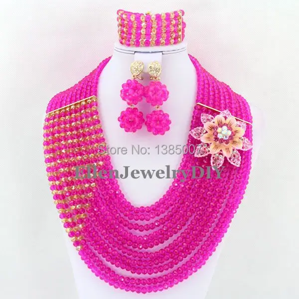 Прекрасный ярко-розовый Африканский нигерийский бисер хрустальные ожерелья браслет серьги Африканские свадебные бусы ювелирный набор WS5385