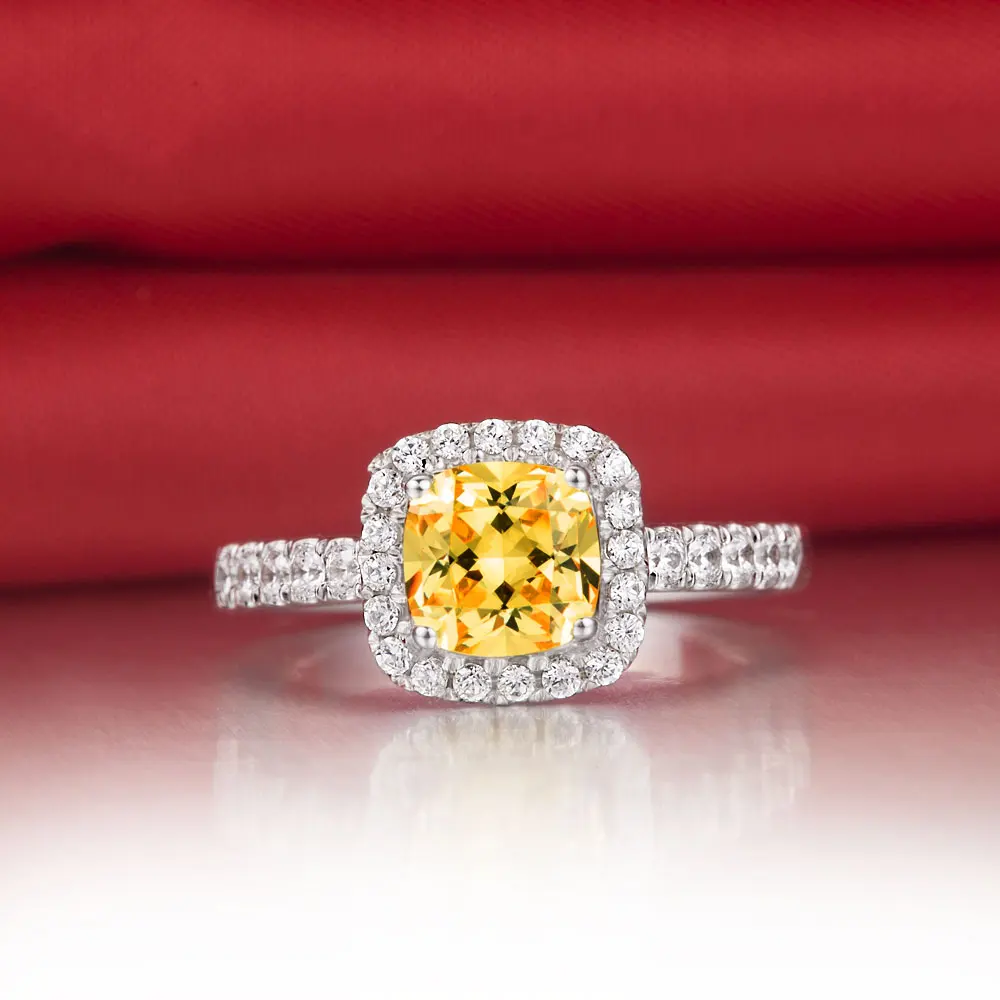 6*6 мм 1Ct блестящая подушка с синтетическим желтым алмазным кольцом из