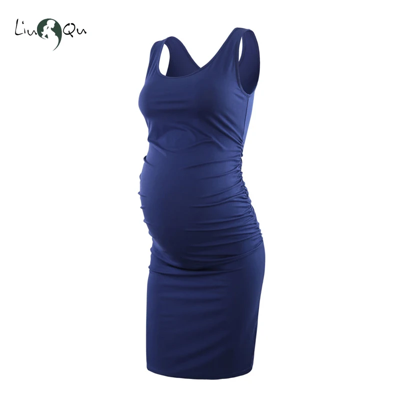 Платья для беременных без рукавов Топы повседневные с боковыми оборками до колен