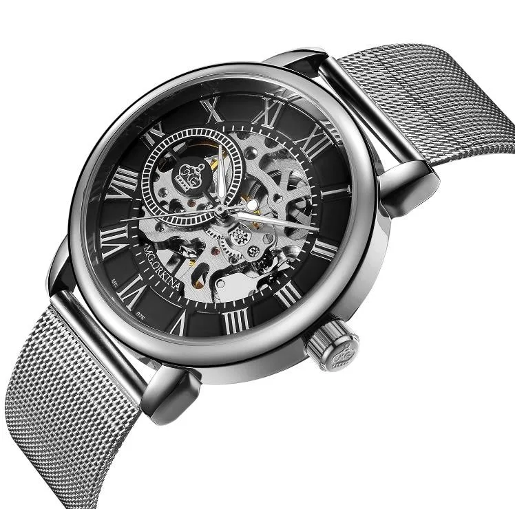 steel silver black MG. ORKINA, мужские наручные часы, скелет, циферблат, механический, ручная работа, мужские наручные часы, часы, топ, бренд, Relogio Masculino - Цвет: steel silver black