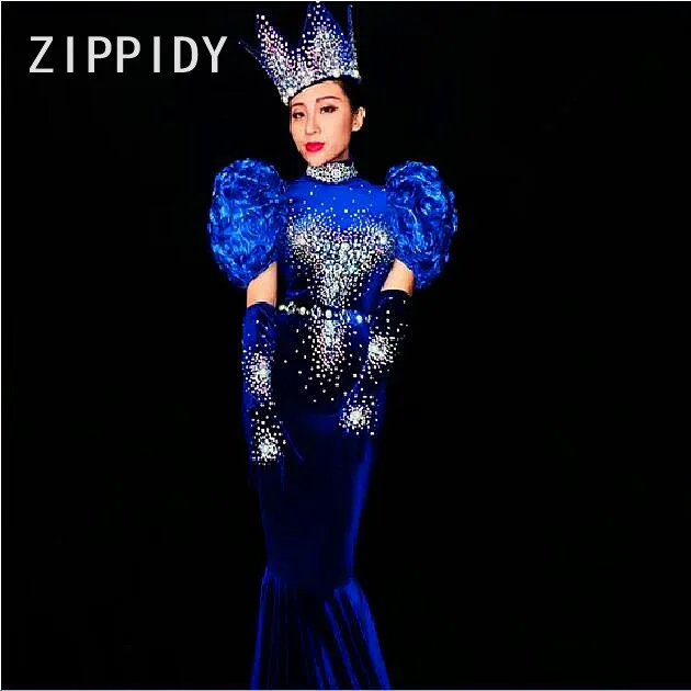 

New Fashion Rhinestones Blue Dress Sexy Long Tail Outfit Nightclub Bar Female Singer Show Birthday Party Celebrate Stage Costume