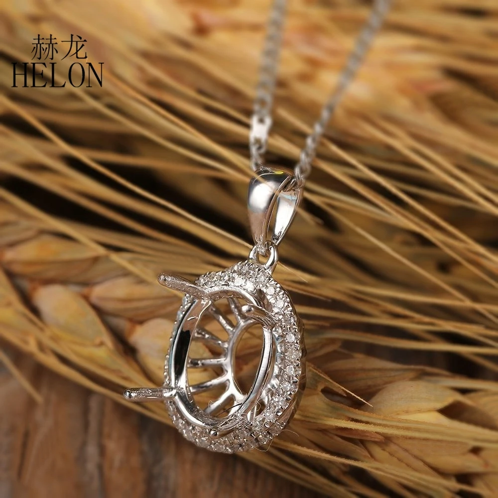 

HELON Oval Cut 9x11mm Solid 14K White Gold Pave 0.15ct Natural Diamonds Semi Mount Pendant Setting Women Fine Jewelry Pendant