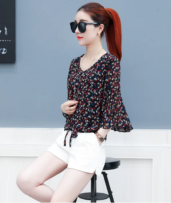 Женская рубашка с цветочным принтом летняя блузка полурасклешенным рукавом