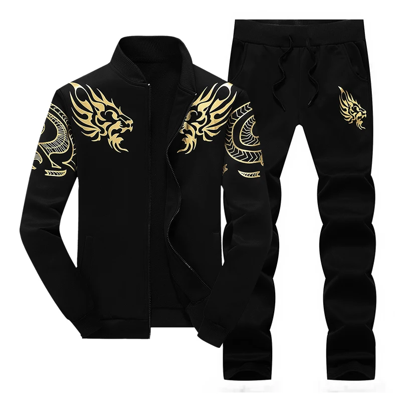 Windproof Sport Suit Men Dragon Pattern Hoodie Suit Cool Hip Hop Sweatshirt Set 2019 New Fit Sportsuit Warm Run Gym Tracksuit