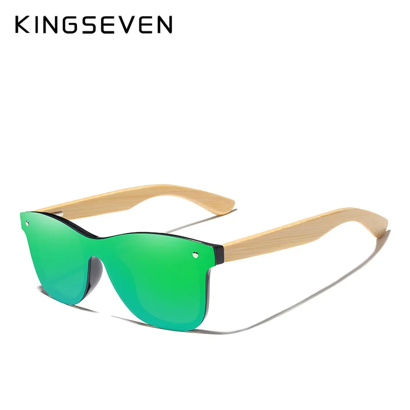 green Bamboo KINGSEVEN Роскошные Дизайнерские винтажные бамбуковые деревянные солнцезащитные очки ручной работы поляризованные зеркальные модные очки деревянная коробка - Цвет линз: green Bamboo