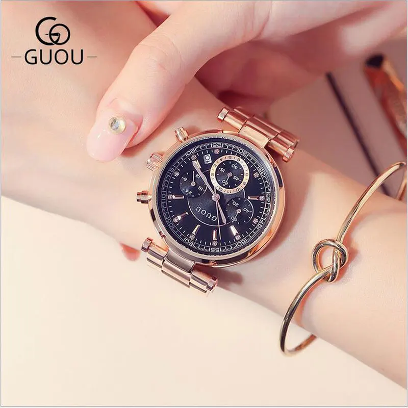 

GUOU Luxury Watch Women Steel Bracelet Auto Date Women's Watches Multi-runtioan Ladies Clock saat relogio feminino reloj mujer
