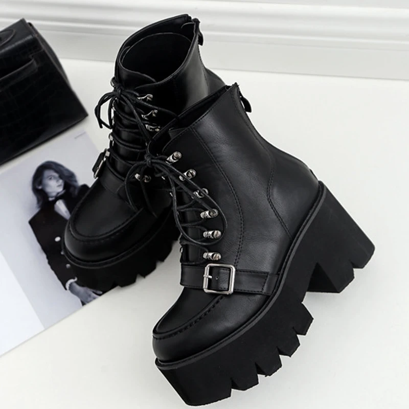 Lace Up Platform Boots Women Black Goth Boots Ankle Boots For Women Buckle Strap High Heel Martin Boots Women