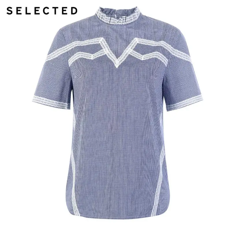 SELECTED Women's 100% Cotton Stripe Lace Splice Mock Neck Short-sleeved Shirt SIG|4183W3504 |