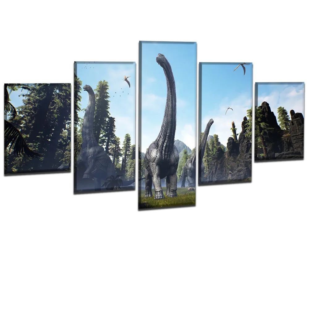 Modern Canvas Print Painting Wall Art Decor Modular Framework Poster 5 Panel Forest Dinosaur Pictures Home Decoration Bedroom | Дом и сад