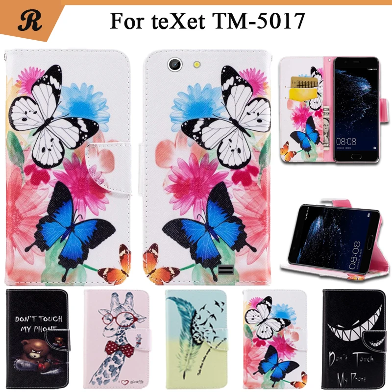 Цветной Чехол бумажник с откидной крышкой для teXet TM 5017 из высококачественной