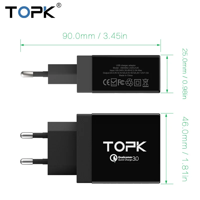 TOPK Зарядное Устройство USB Qualcomm Быстрая Зарядка 3.0 18 Вт 3А (Макс.) портативный