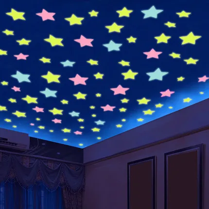 

100pcs/bag 3CM&3.8CM Fashion Wonderful Solid Stars Moon Glow in the Dark Kid's Bedroom Corridor Ceiling Fluorescent Wall Sticker