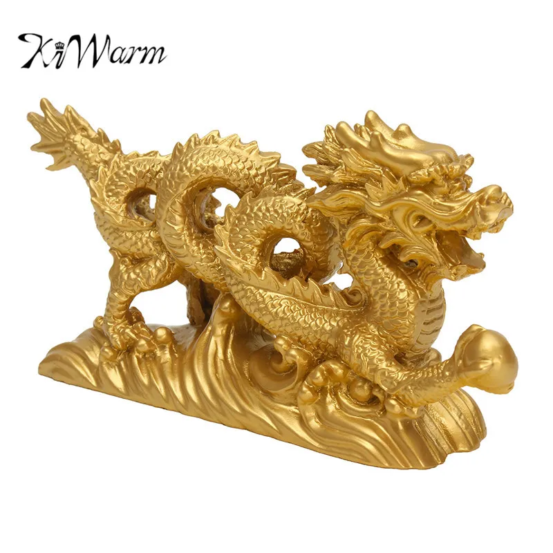 

KiWarm Traditional 6.3" Chinese Geomancy Gold Dragon Figurine Statue Ornaments for Luck and Success Decoration Home Craft