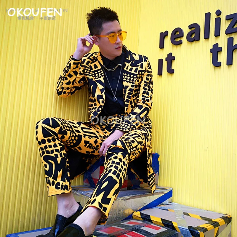 

New Men's Korean version Yellow letter print long suits costumes nightclub male singer stage tide male hairdresser suit