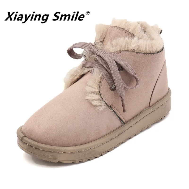 

Женские ботильоны из искусственного меха Xiaying Smile, зимние короткие плюшевые модные повседневные ботинки на шнуровке, Резиновая женская обув...