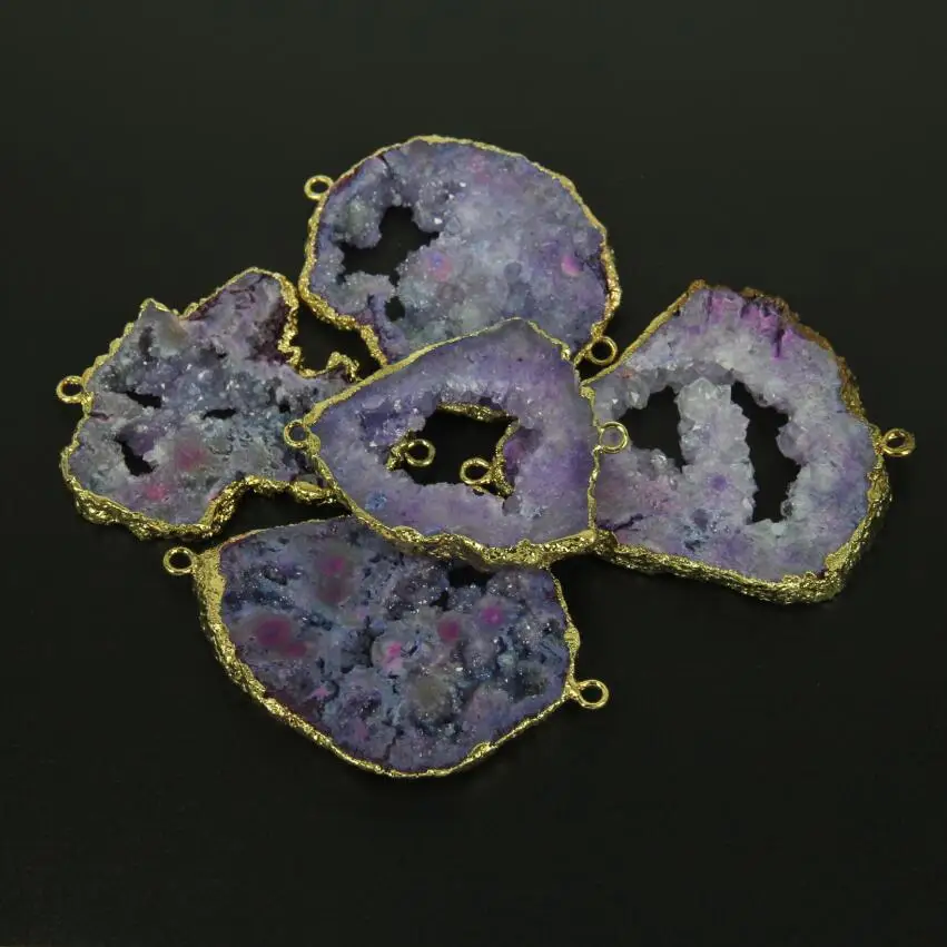 Оптовая продажа фиолетовая друзовая плита бусины соединители покрытые золотом