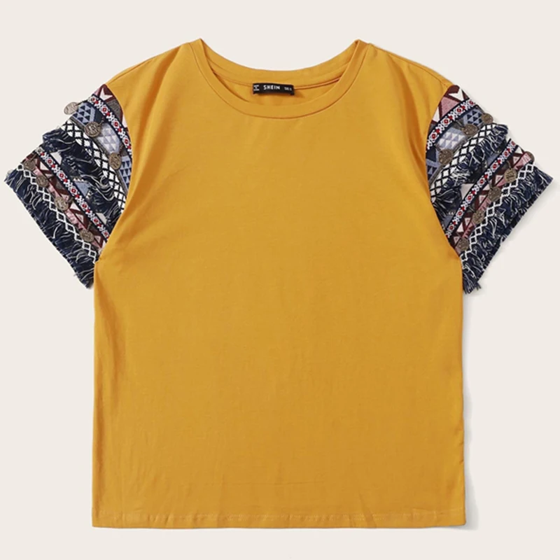 SHEIN, народный стиль, бахрома, отделка, Heathered Tee, Повседневная футболка, женская,, летняя, короткий рукав, эластичная, Boho, Милая футболка, топы