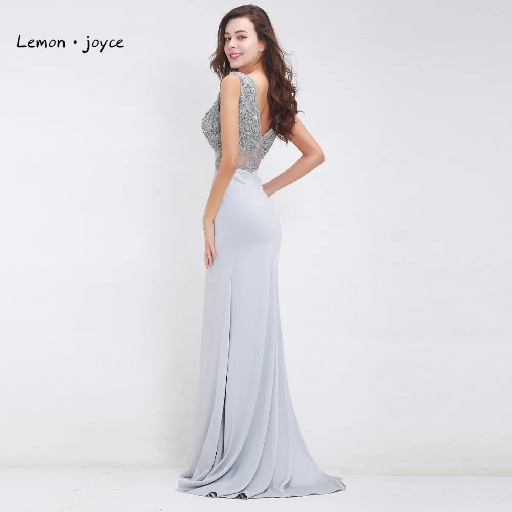 Женское вечернее платье с V-образным вырезом серое длинное блестящее бисером