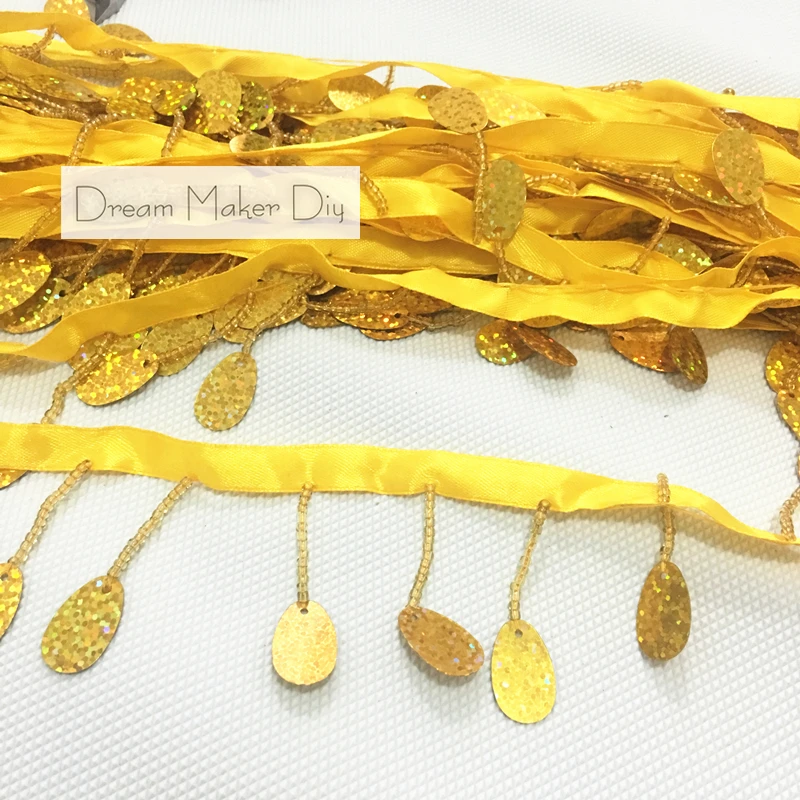 Блестящий Золотой с бахромой расшитая блестками Лента кисточками бисером длина