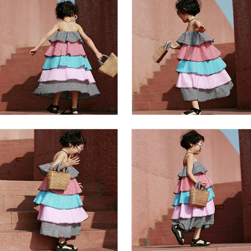 Summer Girls Strapless Dresses Patchwork Plaid Cascading Ruffle Backless Off Shoulder Slim Cake Layered Dress Girl Beach Clothes | Детская
