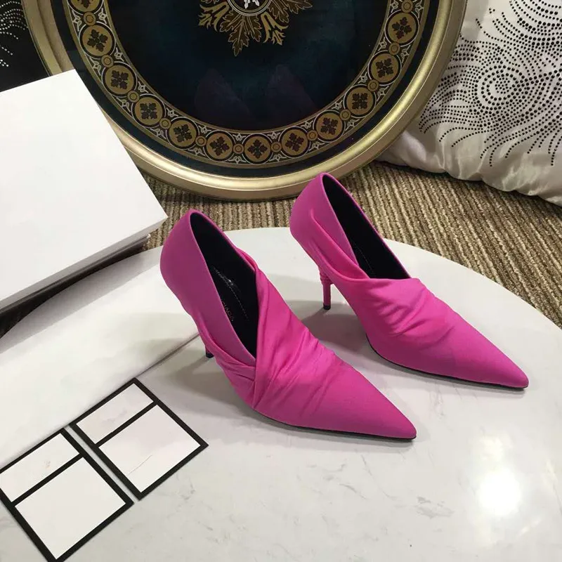 Rose red Подиумные стильные шелковые туфли на тонком высоком каблуке разноцветные свадебные туфли с острым носком без шнуровки женские туфли на шпильках, весна - Цвет: Rose red
