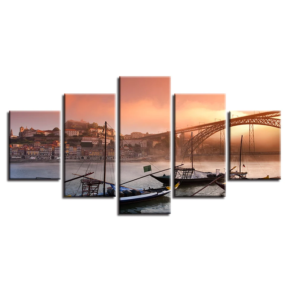 Холст плакат Wall Art HD печатает 5 шт. порту Понте Dom Luis я мост Картина модульная лодки