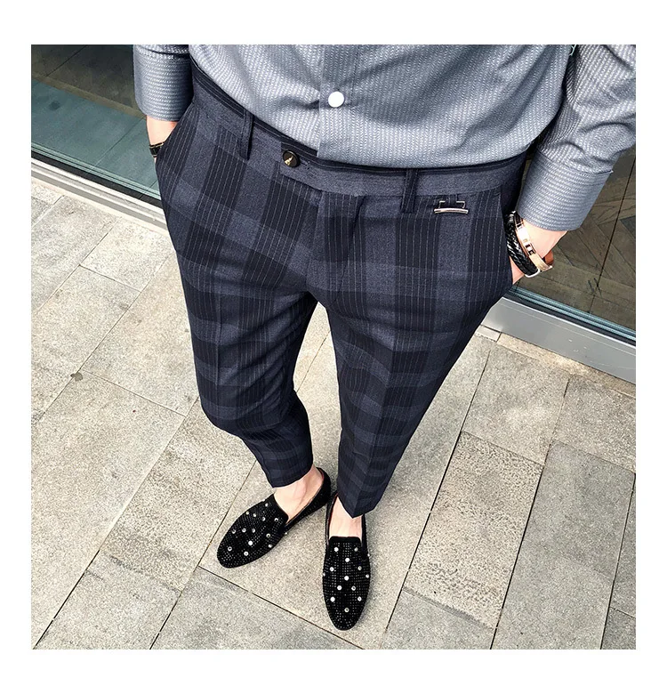 Мужские брюки в клетку, облегающие, синий, коричневый, Pantalon, костюм, Homme, летняя одежда, брюки для мужчин, Pantalon, De Vestir Hombre