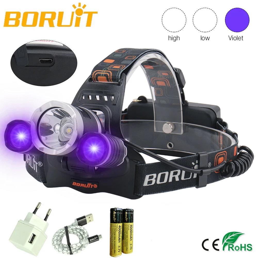 Boruit Фонарь налобный светодиодный 18650 лм 3x XML T6 + 2R2 УФ нм зарядное устройство для ЕС