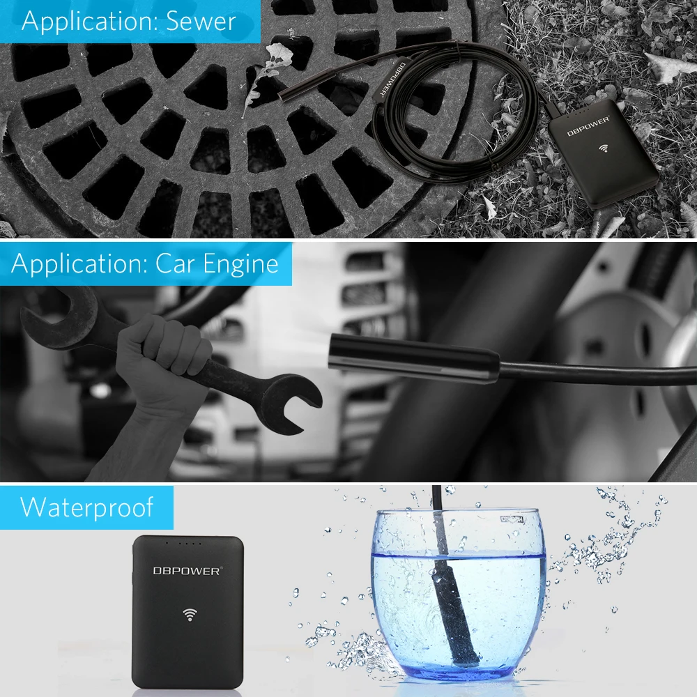 Dbpower 2.0mp HD 720 P Wi-Fi эндоскопа 9 мм объектив 1/3/5/10/15/ 20 м Инспекции Змея камеры 6LED