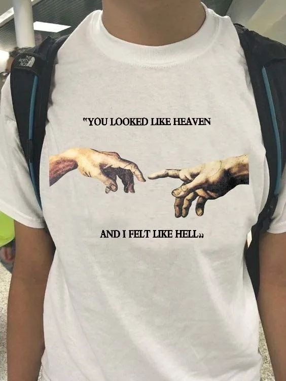 Модная Летняя мужская футболка JF с надписью You Look Like Heaven и I Feel Hell Michaelangelo Creation of Adam