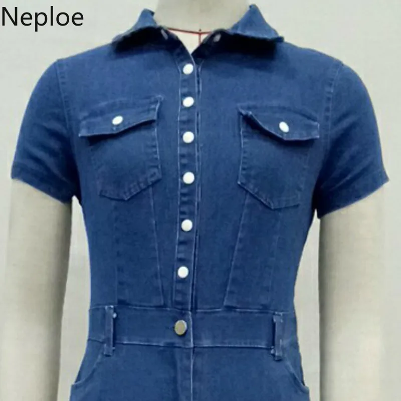 Neploe, модные женские комбинезоны, лето, однобортный боди с коротким рукавом, повседневные джинсовые комбинезоны с карманами, облегающие комбинезоны 44601