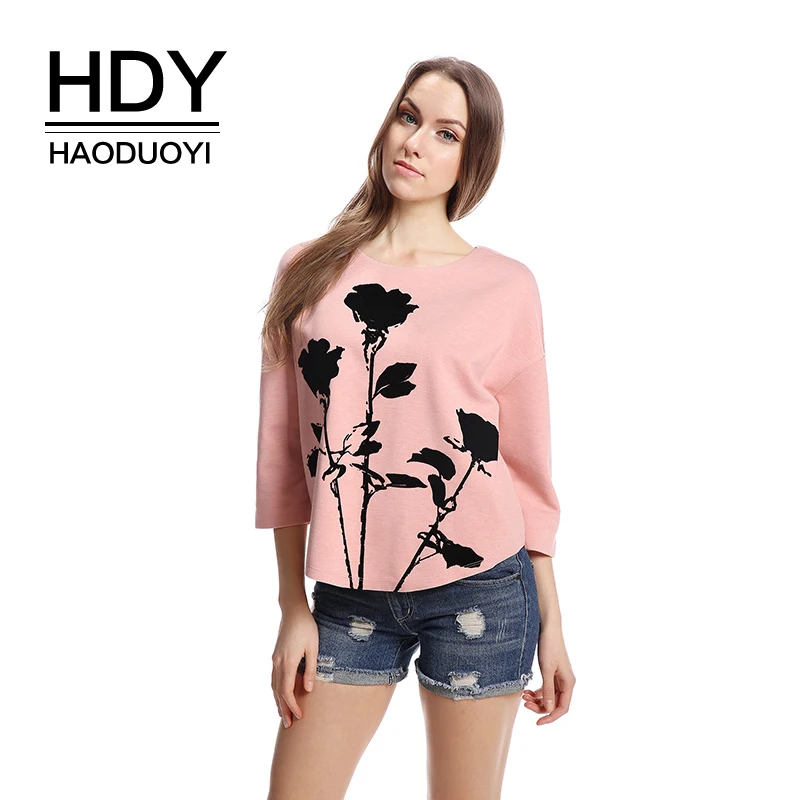 HDY Haoduoyi одежда розовый цветочный принт женские футболки Новая мода круглый вырез рукав реглан женские топы милые свободные повседневные женские