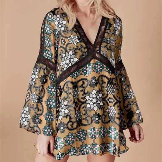 Женщины урожай цветочные печати свободные плиссированные dress flare рукавом