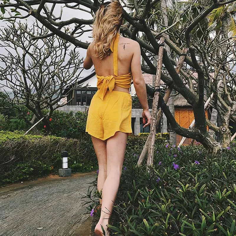 Летние женские комплекты в стиле бохо топ + шорты с лямкой на шее пляжные костюмы