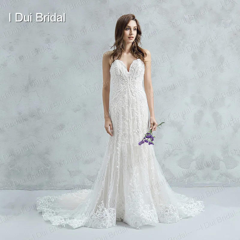 Spaghetti Strap Sheath Bridal Gown Luxury Beaded Unique Lace Vintage Classic Wedding Dress