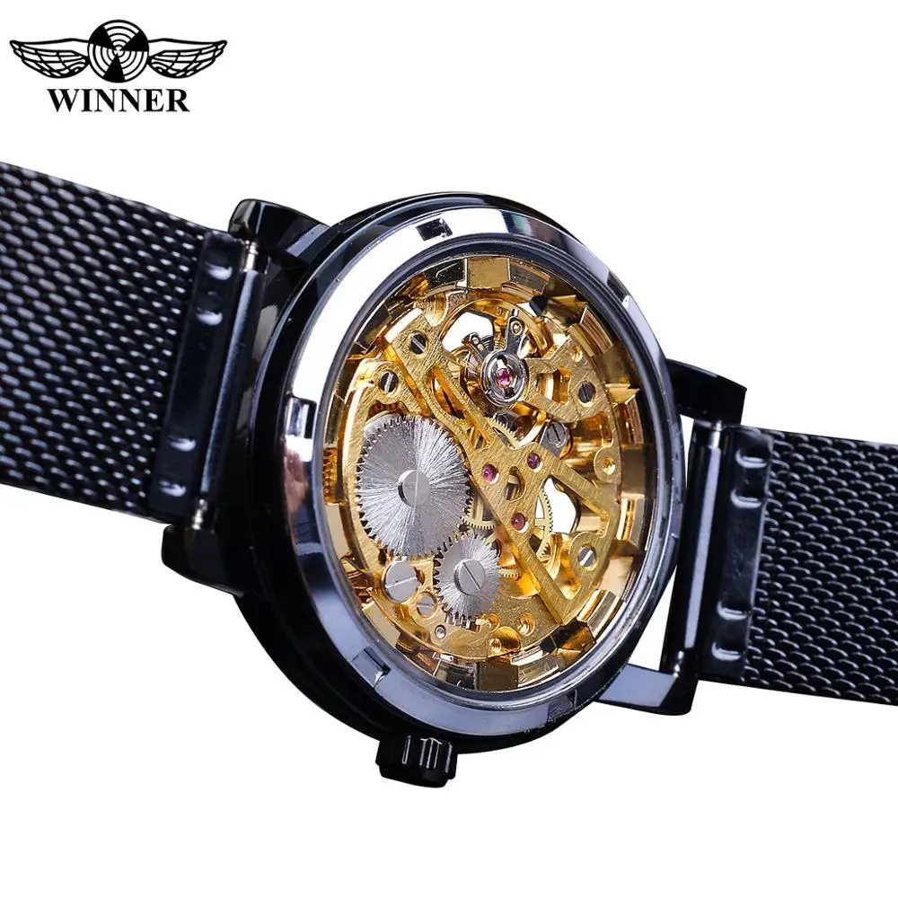 Winner 2019 Relogio Masculino Mechanical Watch Mens Golden Skeleton Transparent Slim Steel Mesh Band Casual Watches Reloj Hombre | Наручные