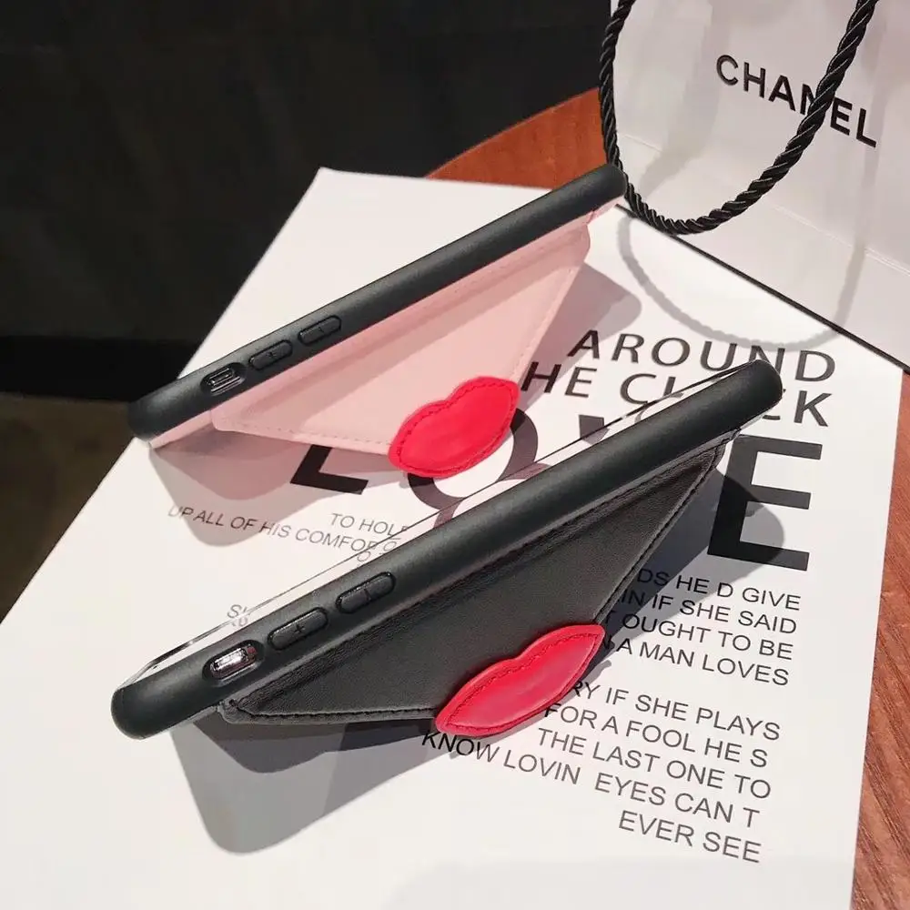 Red Lips Wallet Bag Envelope Bracket Phone Case for iphone 6 6s 7 8 Plus Black Card All Inclusive Drop Cover XS Max XR X 6S |