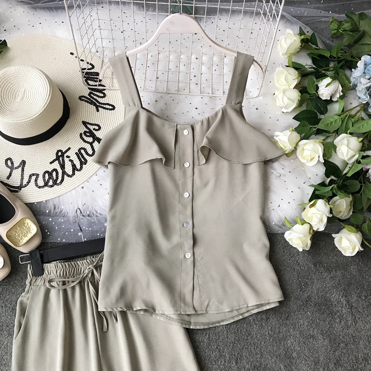 ALPHALMODA/ летний однобортный Топ с оборками+ широкие брюки, Женский повседневный комплект из 2 предметов, женские летние однотонные штаны, костюмы