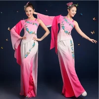 0125 woman chinese umbrella fan classical folk dance costume pink sequins peony embroidery jasmine hanfu yangko dance clothing