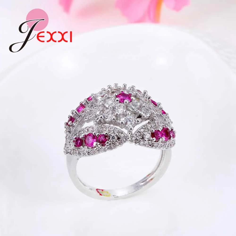 2 цвета белый/фуксия Кристалл Дамы Bijoux Мода полые обручальные Anel чистое серебро 925