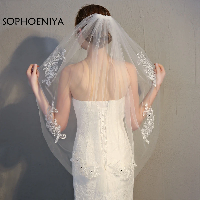 

New Arrival White Ivory Appliques Lace Bridal Veil 2021 Cheap wedding accessories veu de noiva Wedding Veils voile de mariee