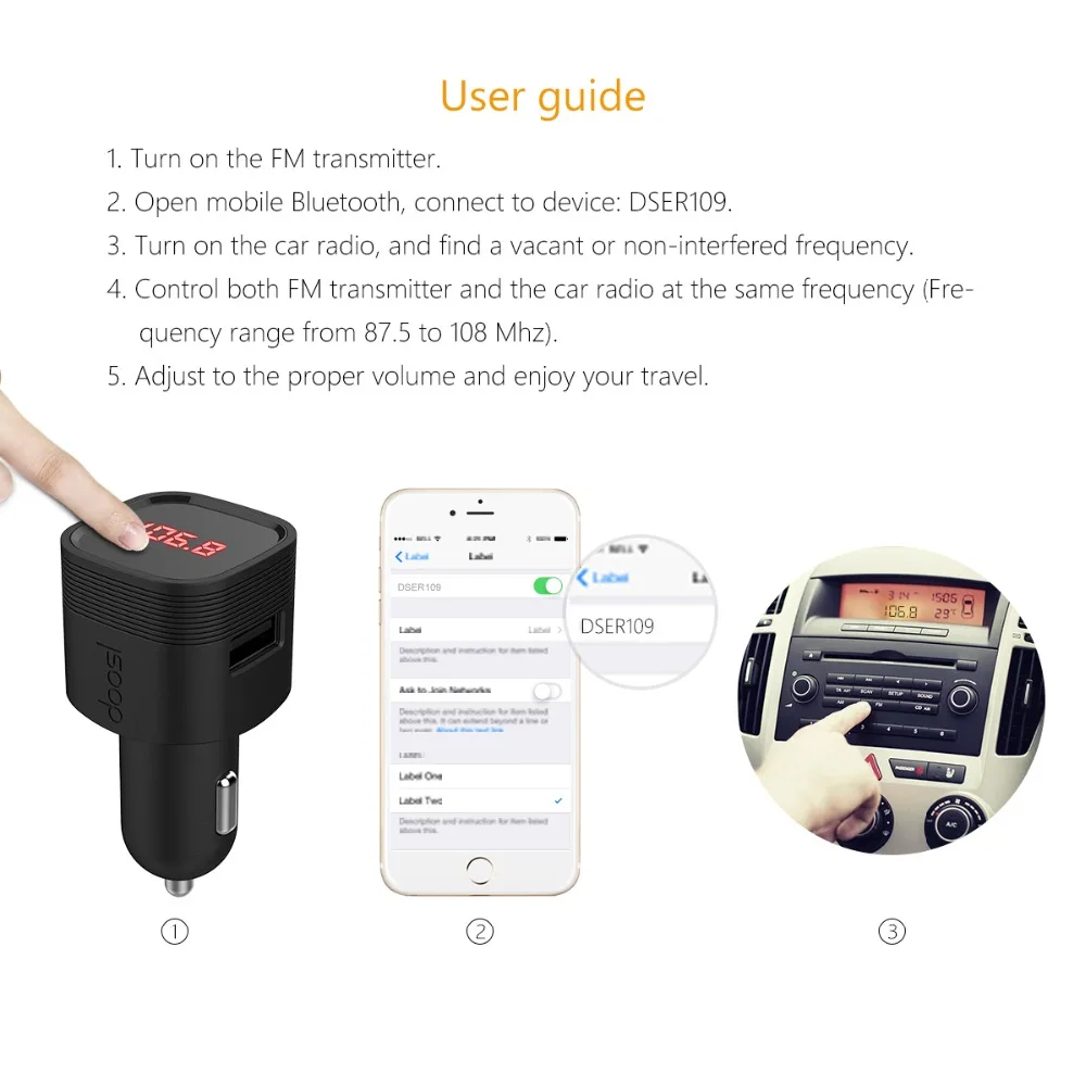 

Doosl In-Car Bluetooth Car Adapter Premium Sound Quality Bluetooth FM Transmitter for Car with USB Car Charger for iPhone