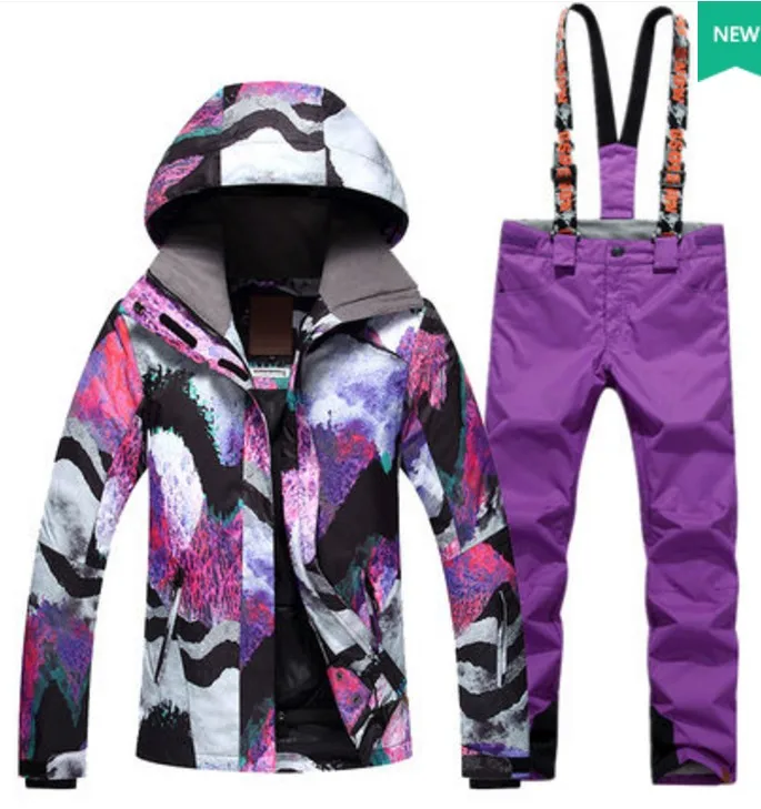 

Women's Padded Ski Suit Female White Purple Jacket And Suspender Trousers Winter Outdoor Sports Set Waterproof 10K