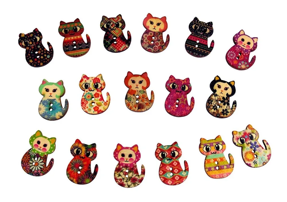 

50pcs Wooden Patterned Cat Buttons DIY Crafts Embellishments Card Toppers Sewing Accessories 30x21mm