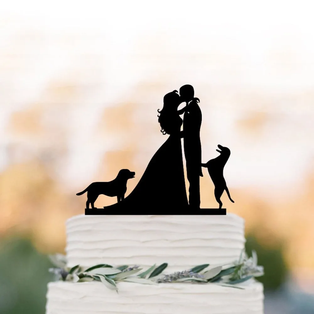 

Wedding Cake topper, Bride and Groom with two dogs silhouette cake topper, unique wedding cake top decoration