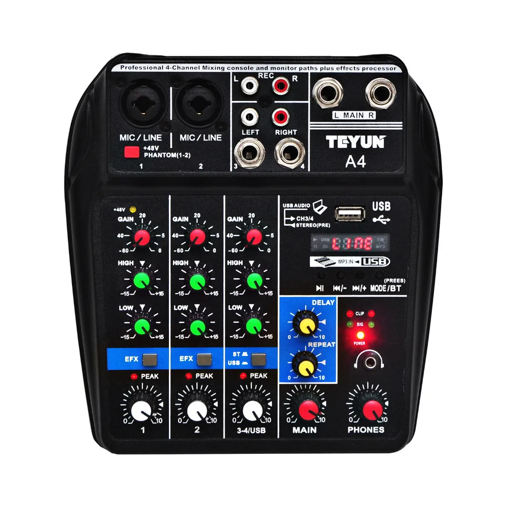 

A4 Sound Mixing Console Bluetooth USB Record Computer Playback 48V Phantom Power Delay Repaeat Effect 4 Channels USB Audio Mixer