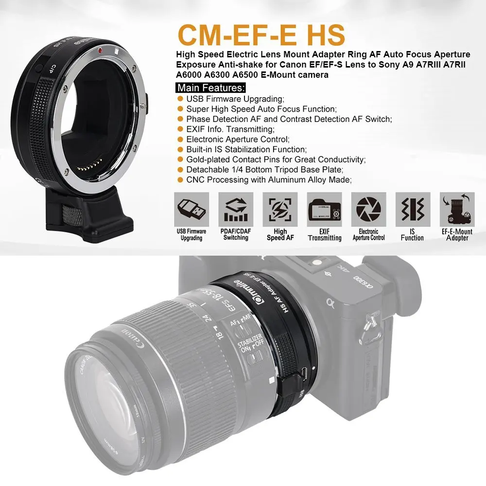 Commlite EF-E HS высокоскоростное электрическое кольцо-адаптер для объектива AF Canon EF/EF-S