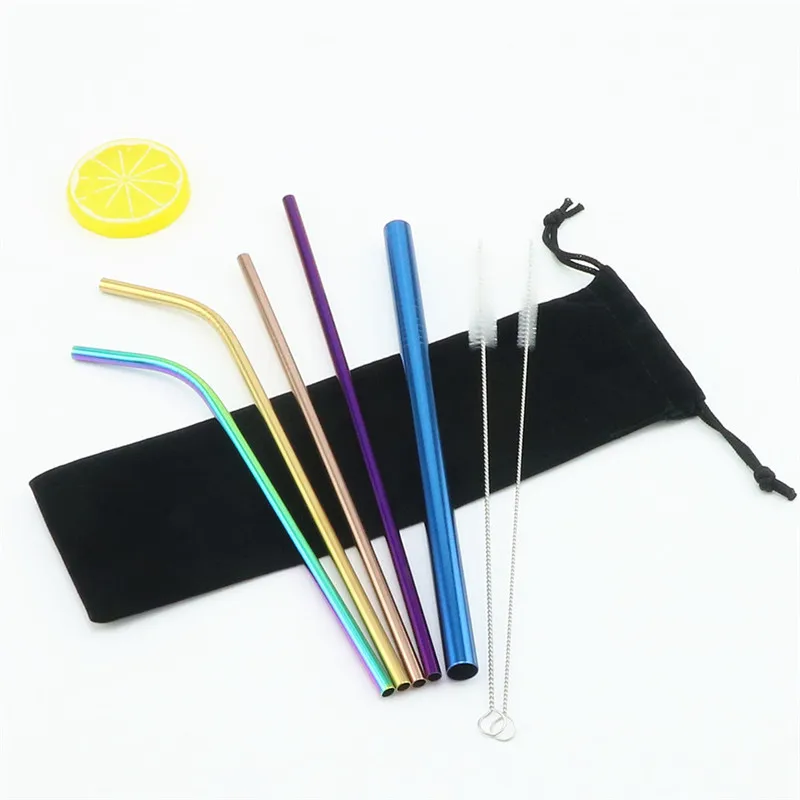 8pcs Reusable Colorful Stainless Steel Drinking Straw High Quality Straight Bent Metal Straw with Cleaning Brush and Storage Bag